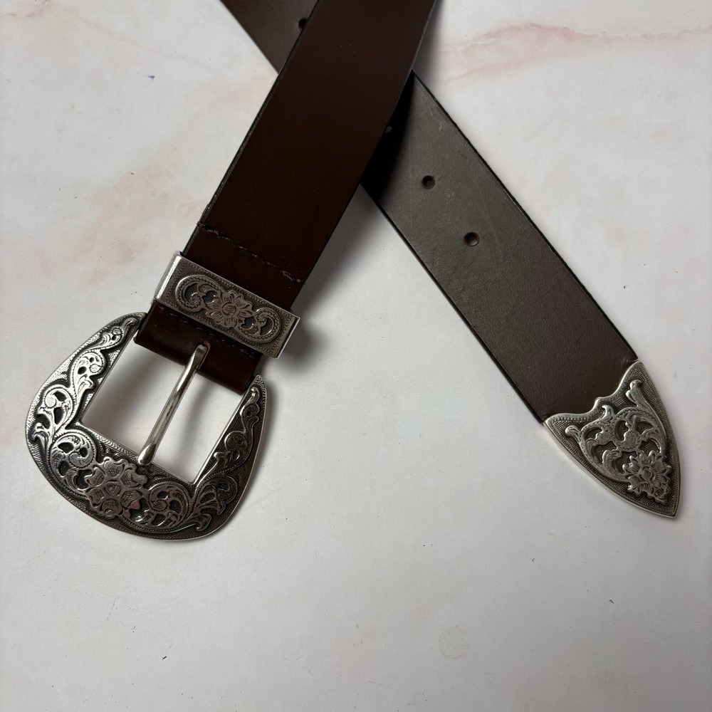 Silpada Designs Brown Genuine Italian Leather Western Ornate Buckle Belt XXL